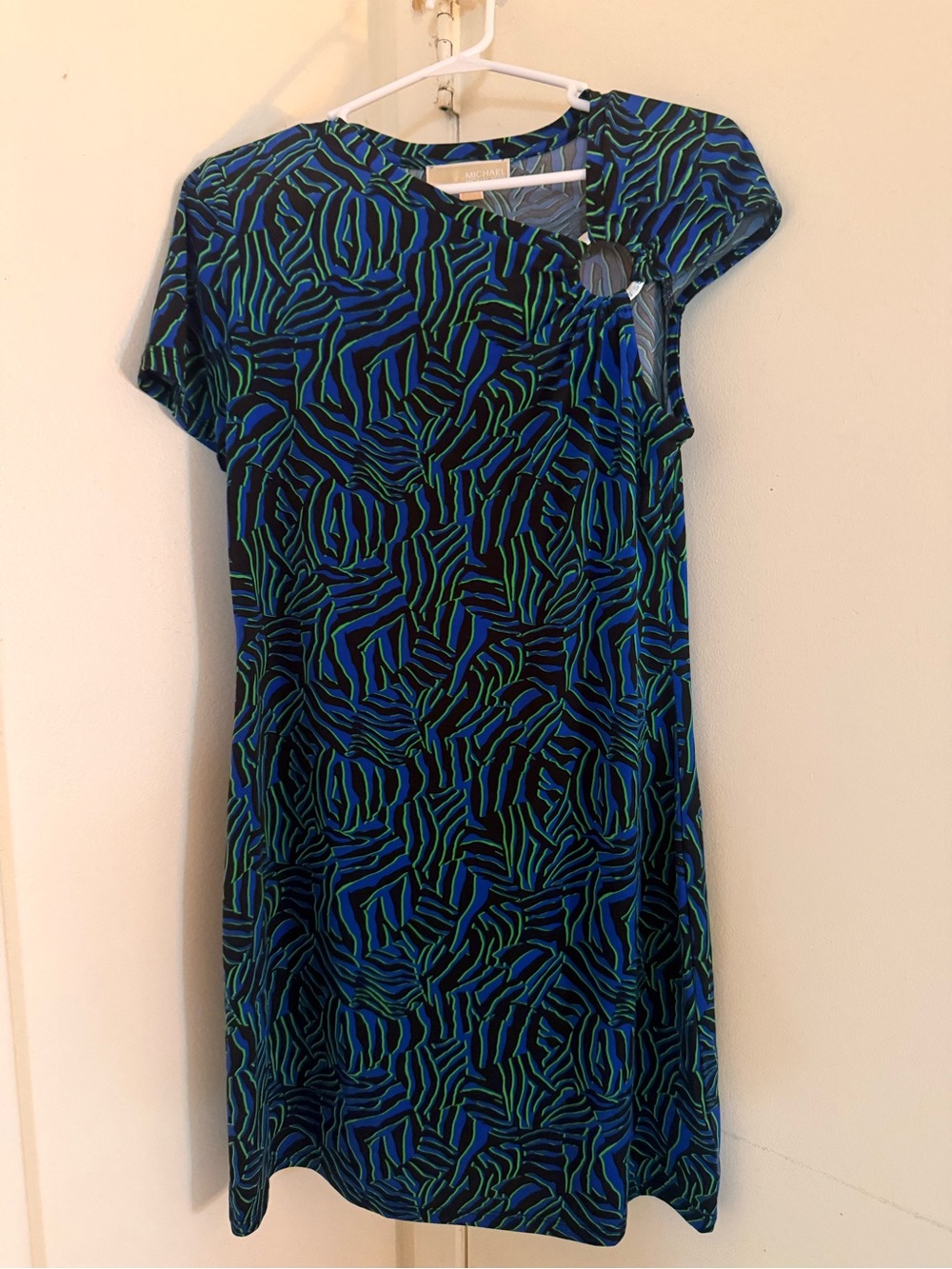 Michael Kors One-Shoulder Dress in Blue and Green Abstract Print